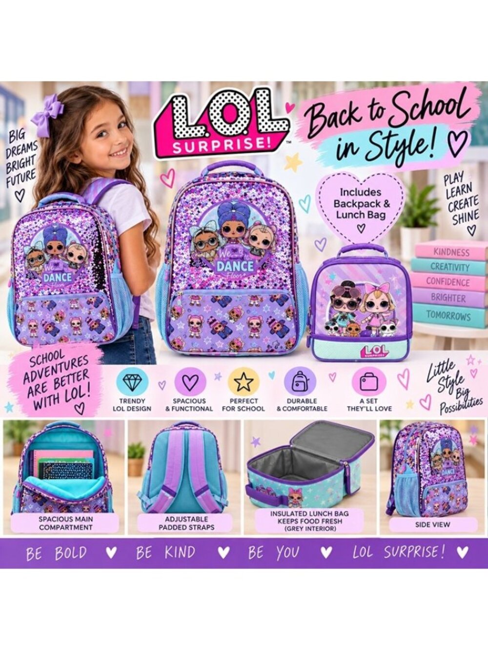 LOL Surprise Girls Backpack & Insulated Lunch Bag Set Purple NWT School